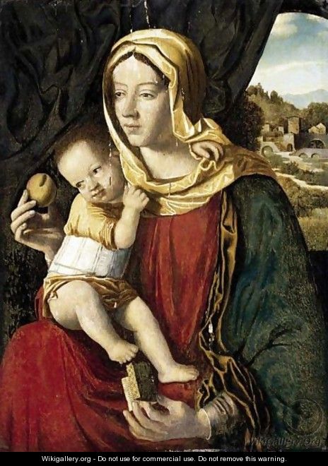 Madonna And Child Seated Before A Curtain, A Landscape Beyond - (after) Giovanni Bellini