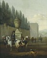 A Landscape With Two Horsemen And Two Dogs Near A Walled Garden, Other Horsemen In The Background Near A Palace - Pieter Wouwermans or Wouwerman