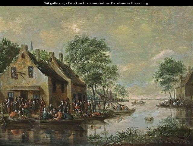 A River Landscape With Boats On The Water And Figures Drinking Outside An Inn - Thomas Heeremans
