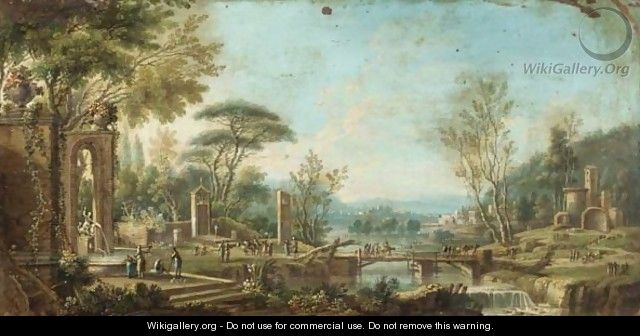 Extensive River Landscape, With Figures Amongst Classical Ruins - (after) Tommaso Ruiz