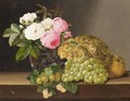 Still Life With Roses In A Glass Vase Together With A Melon, Grapes, Gooseberries, Raspberries And A Grapefruit On A Stone Ledge - Line Holm