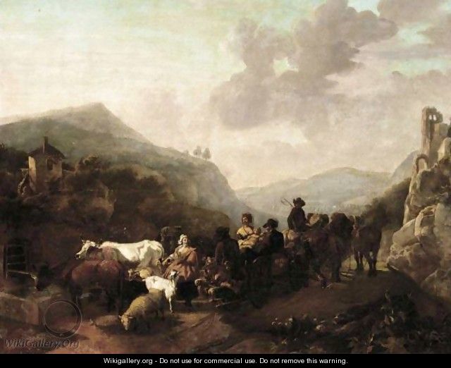 An Extensive Italianate Landscape With A Caravan Of Drovers Watering Their Animals - Jean-Louis Demarne