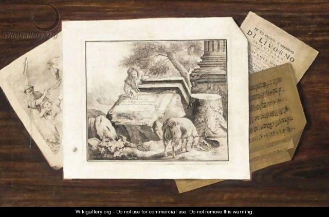Still Life Of Prints And A Sheet Of Music Pinned To A Wood Panel - North-Italian School