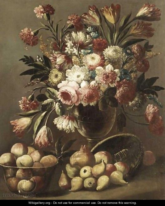 A Still Life Of Tulips, Roses, Carnations And Other Flowers In A Glass Vase Together With Fruit - Italian School