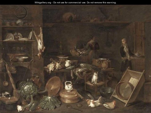 A Kitchen Interior With A Still Life With Various Cooking Utensils, Chickens, A Deer, Cabbages And A Cat - Gian Domenico Valentino