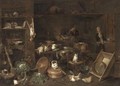 A Kitchen Interior With A Still Life With Various Cooking Utensils, Chickens, A Deer, Cabbages And A Cat - Gian Domenico Valentino