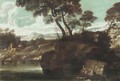 A Mountainous Landscape, With A Figure Fishing On The Banks Of A River - Roman School