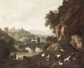 A Mountainous Landscape With A Drover Guarding His Goats, Sheep And Cows By A River - (after) Cajetan Roos