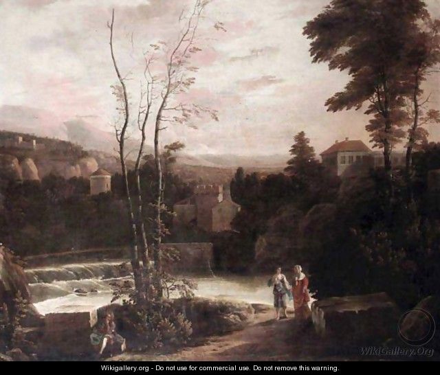 An Extensive Italianate Landscape With Two Women Walking On A Path And A Fisherman Resting On A Stone In The Foreground. - (after) Gerard Van Edema