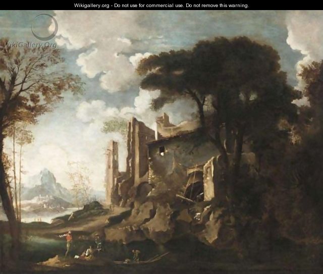 Italianate River Landscape With Figures Before Ruins - Salvator Rosa