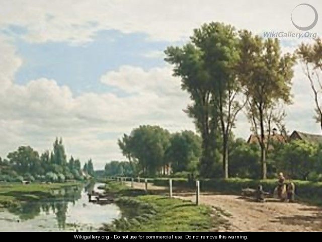 A Summer Landscape With Figures Walking Along A Waterway - Jacob Jan van der Maaten