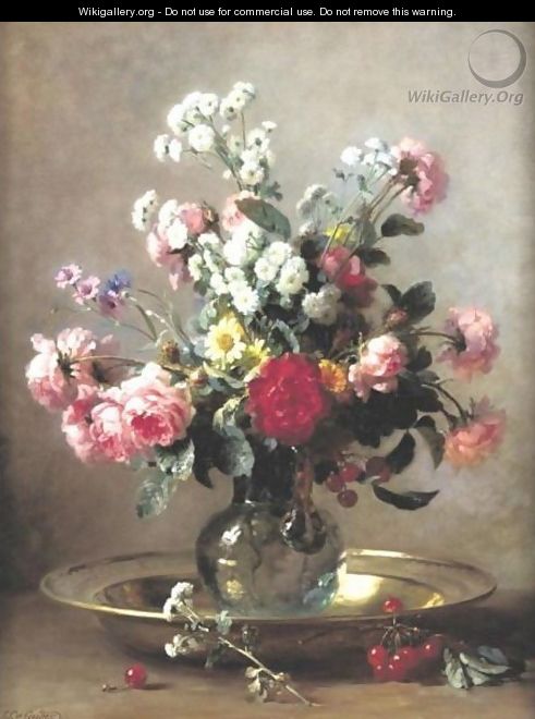 Sill Life With Flowers And Cherries - Gustave-Emile Couder