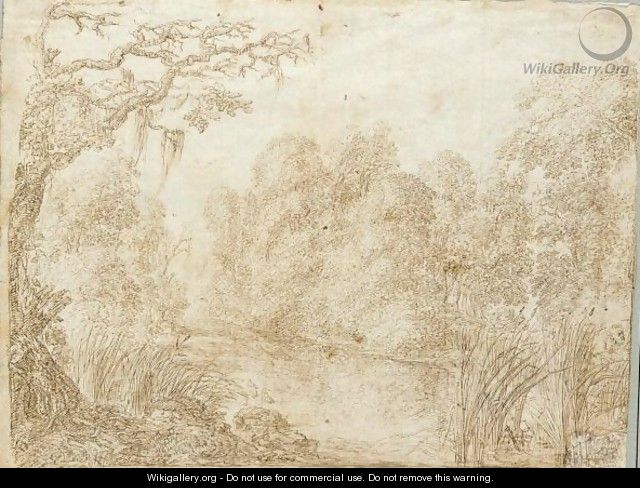 Woodland Around A Pond With A Figure In The Bull-Rushes - (after) Adam Elsheimer