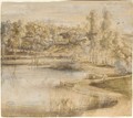 Wooded Landscape With A Lake And Cottages In The Distance - Lucas Van Uden