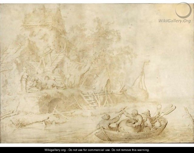 Fishermen In Their Boat, Displaying Their Catch To Onlookers On The Riverbank - Gerrit Adriaensz. De Heer