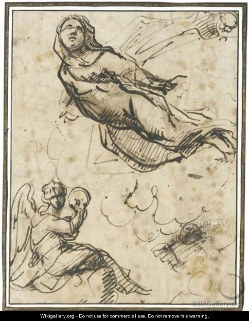 A Study Of Angels One In Flight, Another Playing A Tamborine - Hispano-Flemish School