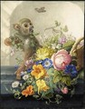 Still Life With A Monkey And A Basket Of Flowers On A Stone Ledge - Herman Henstenburgh