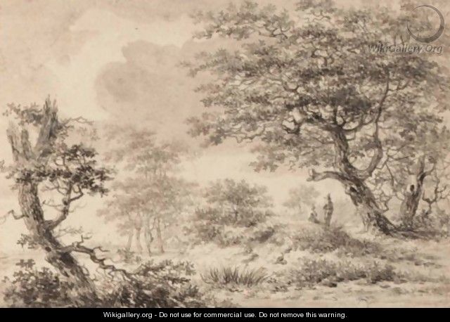 A Wooded Landscape With Figures Resting Under A Tree - Hermanus Van Brussel