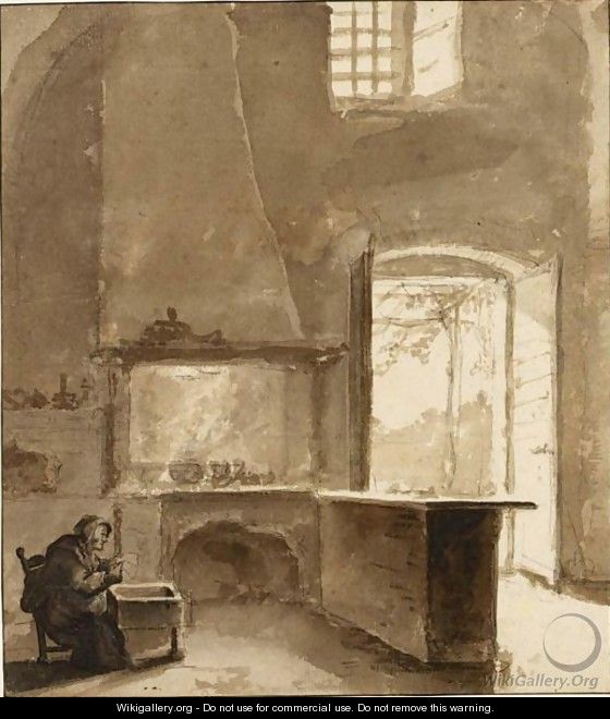 A Kitchen Interior With An Old Woman Reading - (after) Thomas Wijck