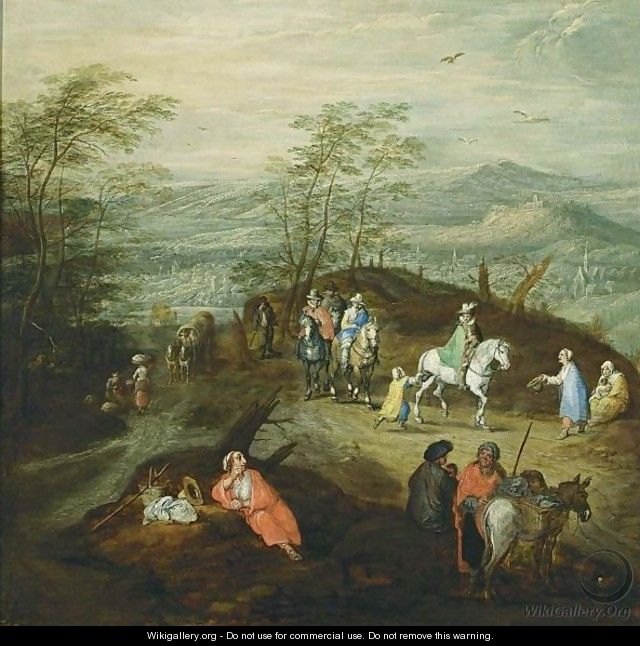 An Extensive Hilly Wooded Landscape With Horsemen And Gypsies, And Travellers, Horsemen And Figures In A Horse-Drawn Wagon All On Path In The Background - Jan, the Younger Brueghel