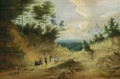 A Wooded Dune Landscape With Travellers And Dogs Resting Near A Path Together With A Horseman, And A Shepherd With His Flock, With A View Of A Village Beyond - Lucas Van Uden
