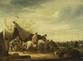 An Encampment With Soldiers Near A Tent And Horsemen Nearby, Other Soldiers And Cavalry In The Background - Abraham van der Hoef