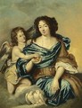 A Portrait Of A Lady As Venus, Seated Three-Quarter Length, Wearing A Blue Satin Dress With A Gold And White Shawl, Holding Paris's Apple, Together With Cupid And Two Doves In The Foreground - (after) Loo, Carle van