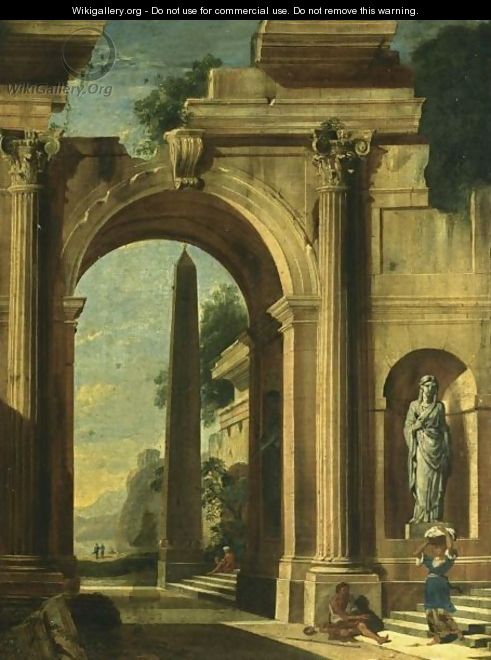 An Architectural Capriccio Of A Classical Building With An Obelisk, With A Beggar And A Washerwoman On The Stairs And A View Of A Temple Beyond - (after) Niccolo Codazzi