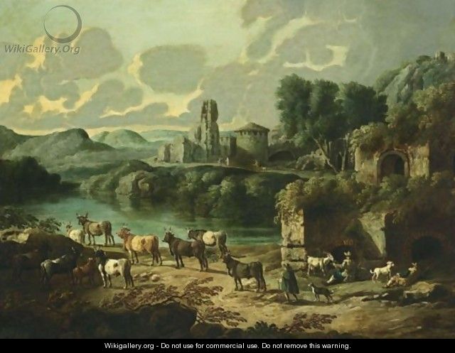 An Italianate River Landscape With Shepherds And Their Flock Resting, The Ruins Of A Town Beyond - Cajetan Roos