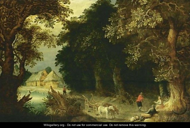 A Wooded Landscape With Travellers Resting Near A Tree, With A Horse-Drawn Wagon On A Path Near A Stream And Farmhouses Beyond - (after) Abraham Govaerts