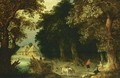 A Wooded Landscape With Travellers Resting Near A Tree, With A Horse-Drawn Wagon On A Path Near A Stream And Farmhouses Beyond - (after) Abraham Govaerts