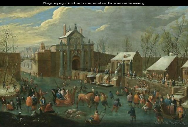 A Winter Scene With Elegant Figures Skating And A Horse-Drawn Sleigh On A Frozen Canal Outside A City Gate - (after) Jan-Pieter Van Bredael
