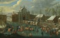 A Winter Scene With Elegant Figures Skating And A Horse-Drawn Sleigh On A Frozen Canal Outside A City Gate - (after) Jan-Pieter Van Bredael