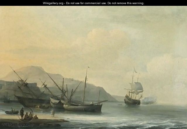 A Coastal Landscape With A Ship Careened For Caulking, Together With Other Sailing Boats And A Ship Firing A Salute - Jan Theunisz Blanckerhoff