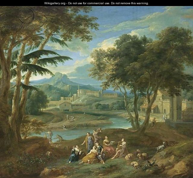 A Classical Landscape With Figures Making Music In The Foreground And Fishermen Near A Stream, A Village In The Background - (after) Pieter Rijsbraeck