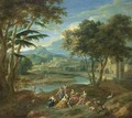 A Classical Landscape With Figures Making Music In The Foreground And Fishermen Near A Stream, A Village In The Background - (after) Pieter Rijsbraeck