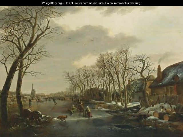A Winter Landscape With A Woman Skating Behind A Sledge, A Girl Skating With A Chair, And Other Figures Skating And A Dog On A Frozen Canal Near A Village With A Mill Beyond - Arnoldus Van Well