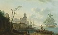A Mediterranean Bay With Two Sailing Vessels, And Fishermen With Their Nets And Boat And Other Figures In The Foreground, A View Of A Harbour Town With A Castle And A Lighthouse On The Left - Pierre Joseph Wallaert