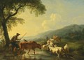 An Extensive Hilly Landscape With Shepherds And Their Herd Of Cows, Sheep, Goats And Donkeys Fording A Stream At Sunset - Balthasar Paul Ommeganck
