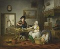 A Kitchen Interior With A Mother Holding A Plate Of Fish, A Baby Sleeping In A Cradle, And A Woman Holding A Bucket Of Fish Standing Next To A Table, A View Of The Pantry Beyond - Pieter Fontijn