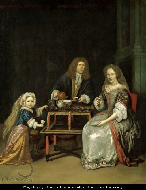 A Family Drinking Tea In An Elegant Interior With A Japanese Lacquer Tea Table - (after) Daniel Haringh