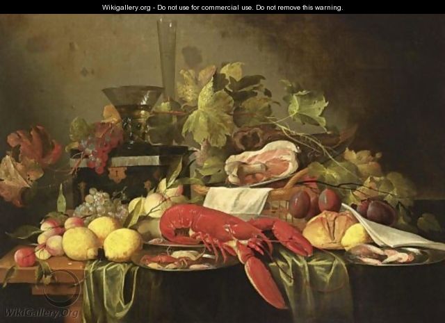 A Still Life With A Lobster, Crabs And Shrimps On Silver Plates, Lemons, Apricots, Black And White Grapes, Prunes, A Ham In A Basket, And A Bun Together With A Berkemeier On A Box And A Flute, All On A Wooden Table Draped With A Green Tablecloth - (after) Jan Davidsz. De Heem