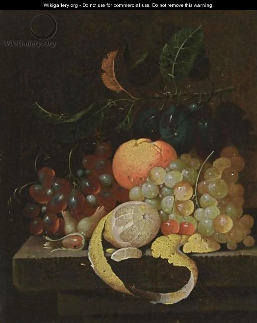 A Still Life With Grapes, Prunes, An Orange, Cherries, A Lemon And Hazelnuts, All On A Stone Ledge - J. Bourginon