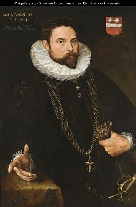A Portrait Of A Nobleman, At The Age Of 44, Standing Half-Length, Wearing A Black Suit With White Lace Collar, A Golden Chain With Crucifix, A Sword, And Holding Gloves In His Left Hand, Standing Next To A Table - (after) Anthonis Mor Van Dashorst