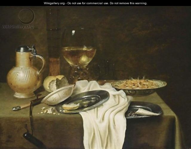 A Still Life With A Stoneware Jug, A Flute, A Roemer, Shrimps, Bread And Tobacco On Pewter Plates, Shrimps In A Wan-Li Porcelain Bowl, Together With A Knife, All On A Draped Table With A White Tablecloth - Maerten Boelema De Stomme