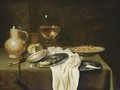 A Still Life With A Stoneware Jug, A Flute, A Roemer, Shrimps, Bread And Tobacco On Pewter Plates, Shrimps In A Wan-Li Porcelain Bowl, Together With A Knife, All On A Draped Table With A White Tablecloth - Maerten Boelema De Stomme