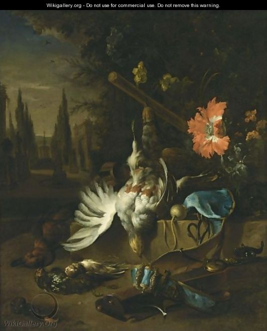 A Hunting Still Life With Partridges, A Duck And Other Birds, Together With A Gun And A Opium Poppy, All In A Park Setting - (after) Jan Weenix