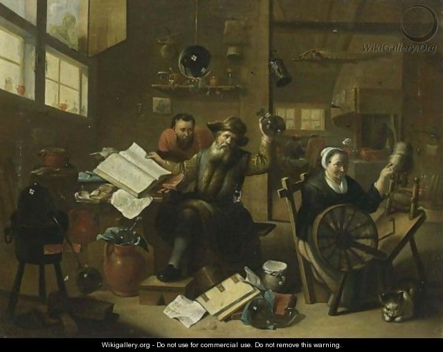An Interior Scene With An Alchemist And His Assistant, Together With A Woman Behind A Spinning Wheel And A Cat - (after) Matheus Van Helmont