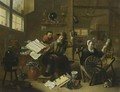 An Interior Scene With An Alchemist And His Assistant, Together With A Woman Behind A Spinning Wheel And A Cat - (after) Matheus Van Helmont