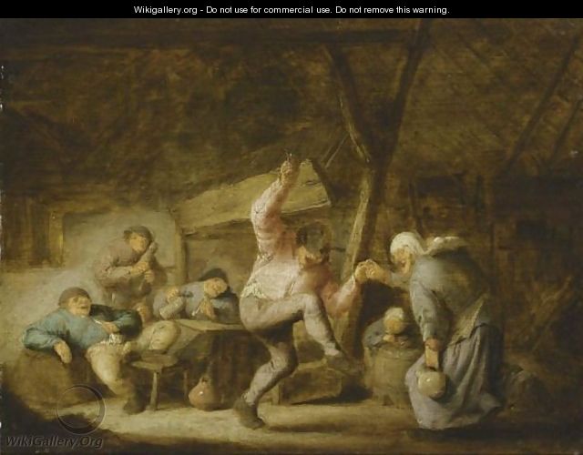 Peasants In An Inn With A Couple Dancing To The Music Of A Bagpipe Player And Others Drinking And Smoking At A Table - Adriaen Jansz. Van Ostade